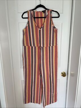 Anthropologie DREW Striped Sleeveless V-Neck Wide Leg Jumpsuit, Pockets, Size S